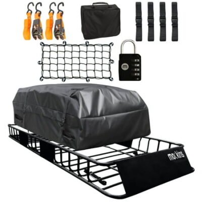Mockins 250 lb. Capacity Roof Rack Basket with 16 CF Waterproof Roof Bag | Roof Rack Cargo Basket Adjusts from 43-64″L x 39″W x 6″H | Universal Roof Cargo Basket